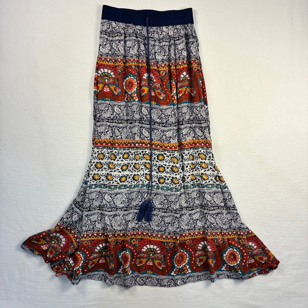 Angie Maxi Peasant Skirt Paisley Floral in Flowy Blue and Red M
